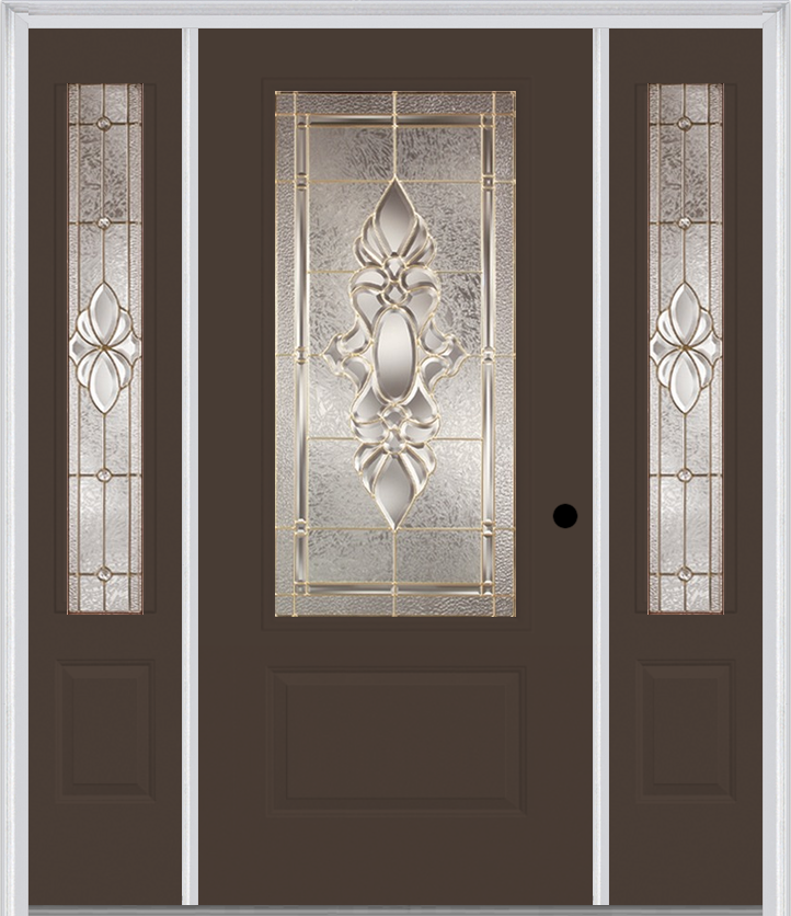 MMI 3/4 Lite 1 Panel 6'8" Fiberglass Smooth Heirlooms Brass Or Heirlooms Satin Nickel Exterior Prehung Door With 2 Heirlooms Brass/Satin Nickel 3/4 Lite Decorative Glass Sidelights 608