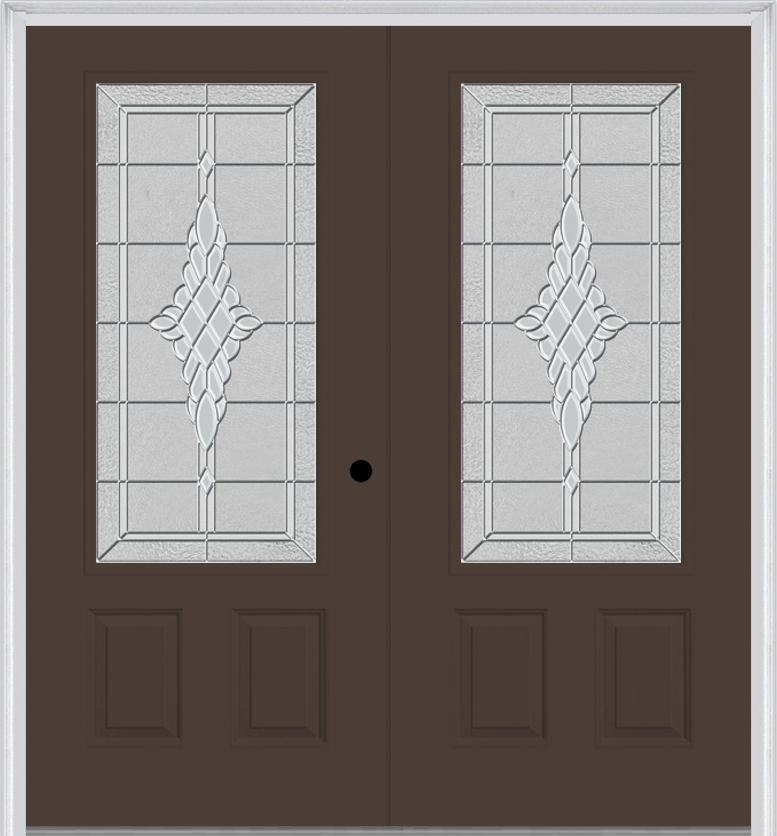 MMI TWIN/DOUBLE 3/4 LITE 2 PANEL 6'0" X 6'8" FIBERGLASS SMOOTH GRACE NICKEL OR GRACE PATINA DECORATIVE GLASS EXTERIOR PREHUNG DOOR 607
