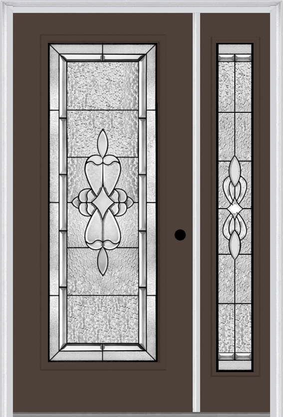 MMI Full Lite 6'8" Fiberglass Smooth Jamestown Patina Exterior Prehung Door With 1 Full Lite Jamestown Patina Decorative Glass Sidelight 686