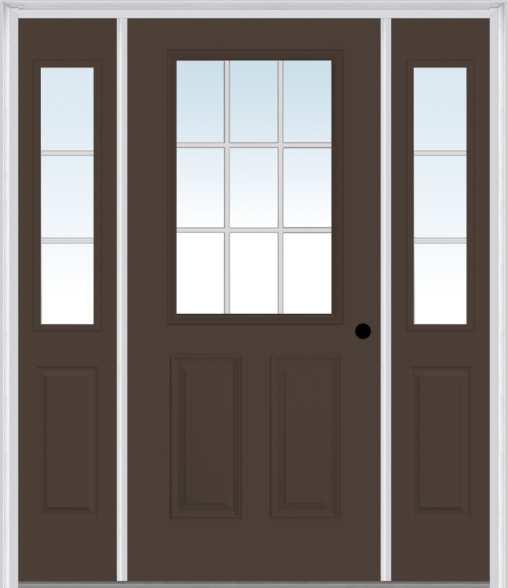 MMI 1/2 Lite 2 Panel External SDL Grilles 3'0" X 6'8" Fiberglass Smooth Exterior Prehung Door With 2 Half Lite Glass SDL Grilles Sidelights 55