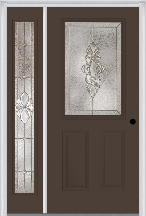 MMI 1/2 Lite 2 Panel 6'8" Fiberglass Smooth Heirlooms Brass Or Heirlooms Satin Nickel Exterior Prehung Door With 1 Full Lite Heirlooms Brass/Satin Nickel Decorative Glass Sidelight 684