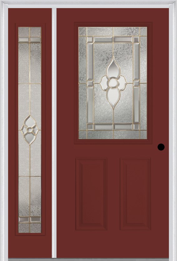 MMI 1/2 Lite 2 Panel 6'8" Fiberglass Smooth Nouveau Nickel Or Nouveau Patina Exterior Prehung Door With 1 Full Lite Nouveau Brass/Nickel/Patina Decorative Glass Sidelight 684