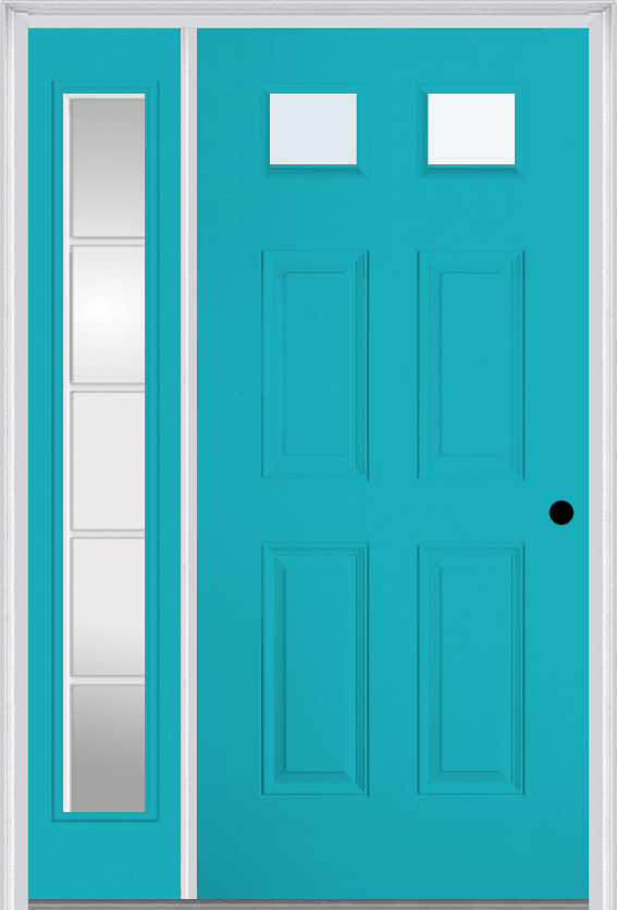 MMI 2-1/4 Lite 4 Panel 3'0" X 6'8" Fiberglass Smooth Exterior Prehung Door With 1 Full Lite SDL Grilles Glass Sidelight 23