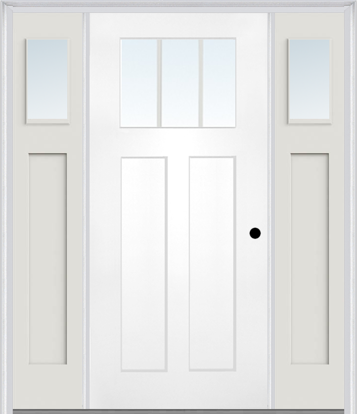 MMI Craftsman 2 Panel Shaker 3'0" X 6'8" Fiberglass Smooth Low-E Glass Exterior Prehung Door With 2 Clear Or SDL 1/4 Craftsman Lite Glass Sidelights 866, 867 SDL, Or 868 SDL