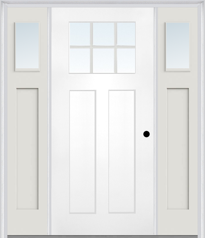 MMI Craftsman 2 Panel Shaker 3'0" X 6'8" Fiberglass Smooth Low-E Glass Exterior Prehung Door With 2 Clear Or SDL 1/4 Craftsman Lite Glass Sidelights 866, 867 SDL, Or 868 SDL