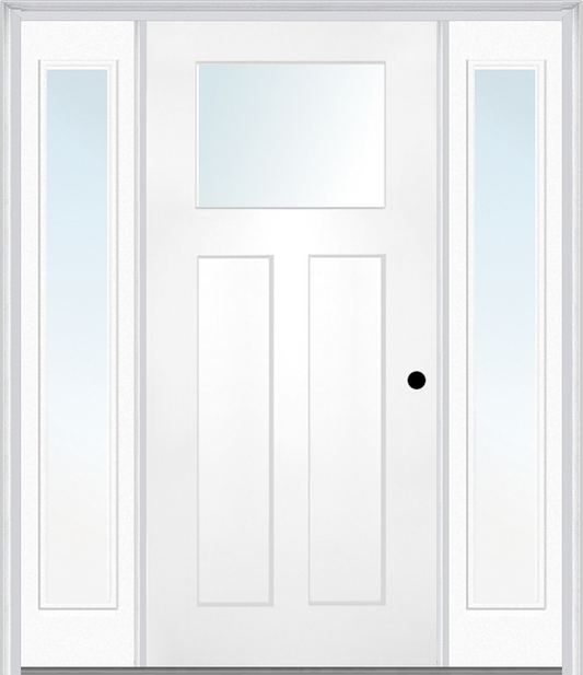 MMI Craftsman 2 Panel Shaker 3'0" X 6'8" Fiberglass Smooth Low-E Glass Exterior Prehung Door With 2 Full Lite Clear Or SDL Glass Sidelights 866, 867 SDL, Or 868 SDL