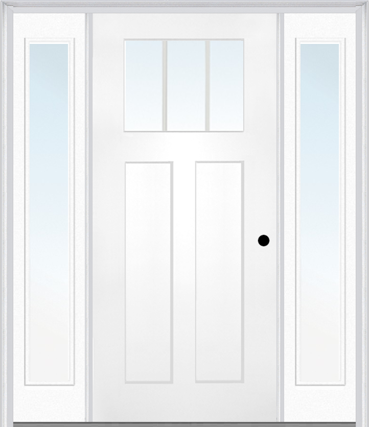 MMI Craftsman 2 Panel Shaker 3'0" X 6'8" Fiberglass Smooth Low-E Glass Exterior Prehung Door With 2 Full Lite Clear Or SDL Glass Sidelights 866, 867 SDL, Or 868 SDL