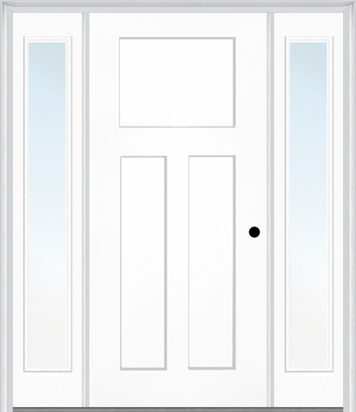 MMI Craftsman 3 Panel Shaker 3'0" X 6'8" Fiberglass Smooth Exterior Prehung Door With 2 Full Lite Clear Glass Sidelights 30