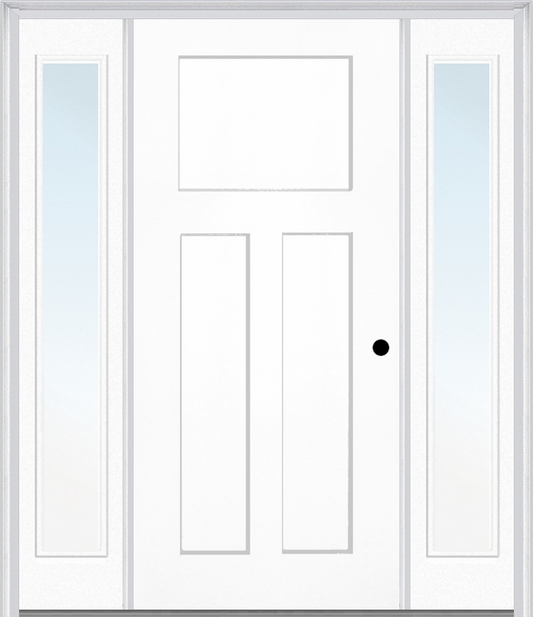 MMI Craftsman 3 Panel Shaker 3'0" X 6'8" Fiberglass Smooth Exterior Prehung Door With 2 Full Lite Clear Glass Sidelights 30