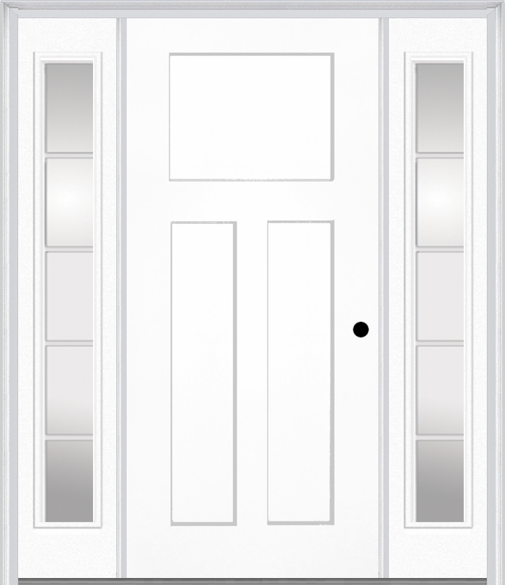 MMI Craftsman 3 Panel Shaker 3'0" X 6'8" Fiberglass Smooth Exterior Prehung Door With 2 Full Lite SDL Grilles Clear Glass Sidelights 30