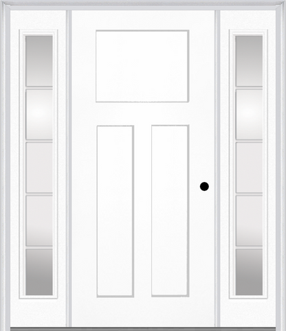 MMI Craftsman 3 Panel Shaker 3'0" X 6'8" Fiberglass Smooth Exterior Prehung Door With 2 Full Lite SDL Grilles Clear Glass Sidelights 30