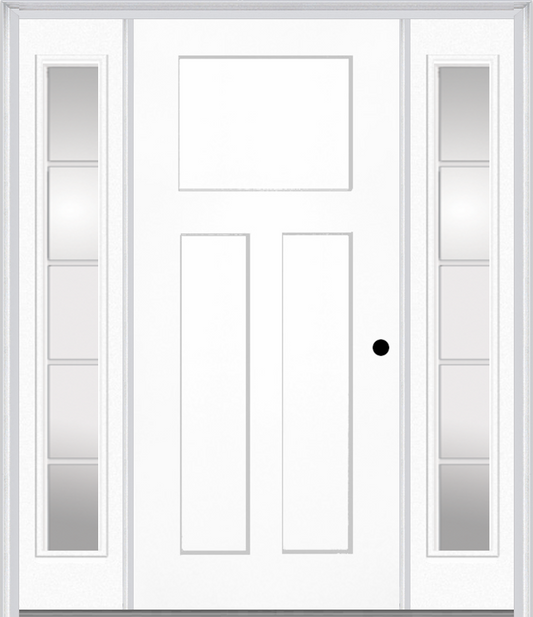 MMI Craftsman 3 Panel Shaker 3'0" X 6'8" Fiberglass Smooth Exterior Prehung Door With 2 Full Lite SDL Grilles Clear Glass Sidelights 30