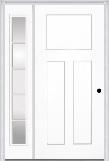 MMI Craftsman 3 Panel Shaker 3'0" X 6'8" Fiberglass Smooth Exterior Prehung Door With 1 Full Lite SDL Grilles Glass Sidelight 30