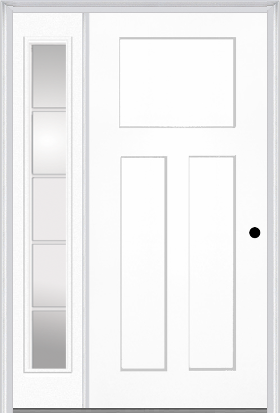 MMI Craftsman 3 Panel Shaker 3'0" X 6'8" Fiberglass Smooth Exterior Prehung Door With 1 Full Lite SDL Grilles Glass Sidelight 30