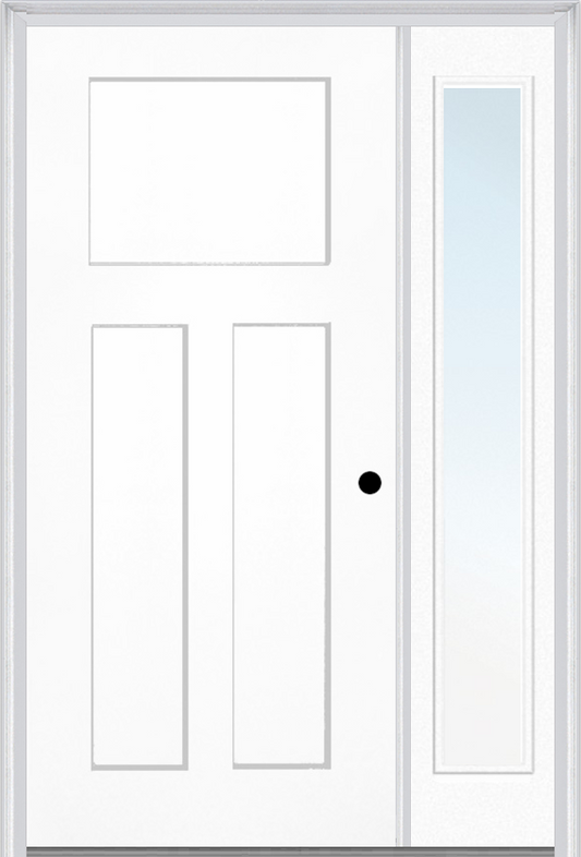 MMI Craftsman 3 Panel Shaker 3'0" X 6'8" Fiberglass Smooth Exterior Prehung Door With 1 Full Lite Clear Glass Sidelight 30