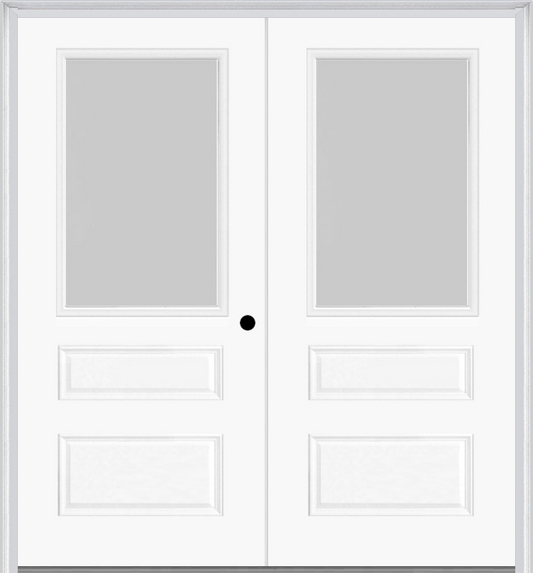 MMI TWIN/DOUBLE 1/2 LITE HORIZONTAL 2 PANEL 6'0" X 6'8" FIBERGLASS SMOOTH TEXTURED/PRIVACY GLASS EXTERIOR PREHUNG DOOR 631