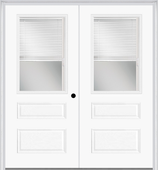 MMI TWIN/DOUBLE 1/2 LITE HORIZONTAL 2 PANEL RAISE/LOWER BLINDS 6'0" X 6'8" FIBERGLASS SMOOTH CLEAR GLASS EXTERIOR PREHUNG DOOR 631 RLB