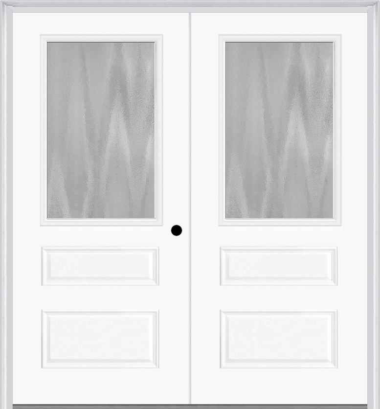 MMI TWIN/DOUBLE 1/2 LITE HORIZONTAL 2 PANEL 6'0" X 6'8" FIBERGLASS SMOOTH TEXTURED/PRIVACY GLASS EXTERIOR PREHUNG DOOR 631