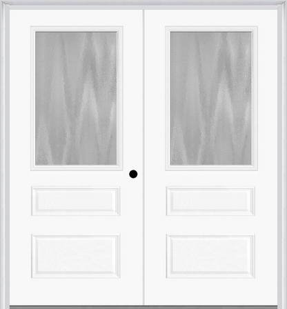 MMI TWIN/DOUBLE 1/2 LITE HORIZONTAL 2 PANEL 6'0" X 6'8" FIBERGLASS SMOOTH TEXTURED/PRIVACY GLASS EXTERIOR PREHUNG DOOR 631