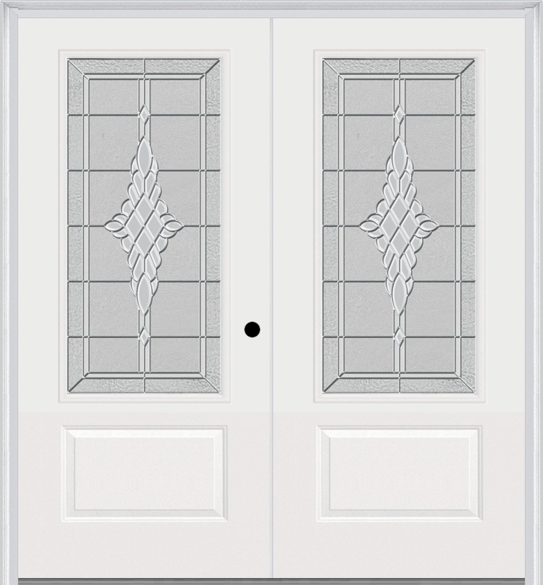 MMI TWIN/DOUBLE 3/4 LITE 1 PANEL 6'0" X 6'8" FIBERGLASS SMOOTH GRACE NICKEL OR GRACE PATINA DECORATIVE GLASS EXTERIOR PREHUNG DOOR 608
