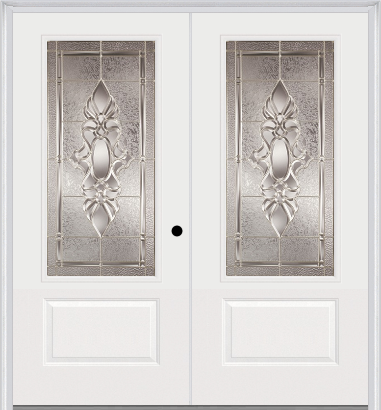 MMI TWIN/DOUBLE 3/4 LITE 1 PANEL 6'0" X 6'8" FIBERGLASS SMOOTH HEIRLOOMS BRASS OR HEIRLOOMS SATIN NICKEL DECORATIVE GLASS EXTERIOR PREHUNG DOOR 608
