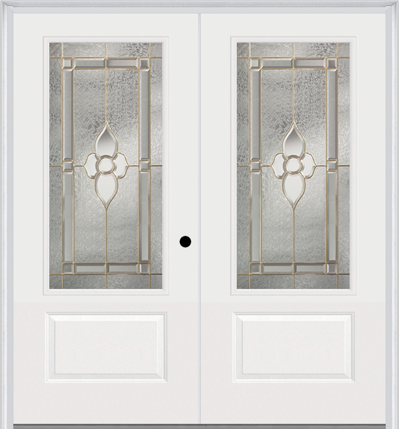 MMI TWIN/DOUBLE 3/4 LITE 1 PANEL 6'0" X 6'8" FIBERGLASS SMOOTH NOUVEAU NICKEL OR NOUVEAU PATINA DECORATIVE GLASS EXTERIOR PREHUNG DOOR 608