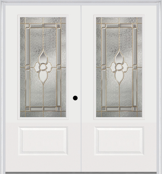 MMI TWIN/DOUBLE 3/4 LITE 1 PANEL 6'0" X 6'8" FIBERGLASS SMOOTH NOUVEAU NICKEL OR NOUVEAU PATINA DECORATIVE GLASS EXTERIOR PREHUNG DOOR 608