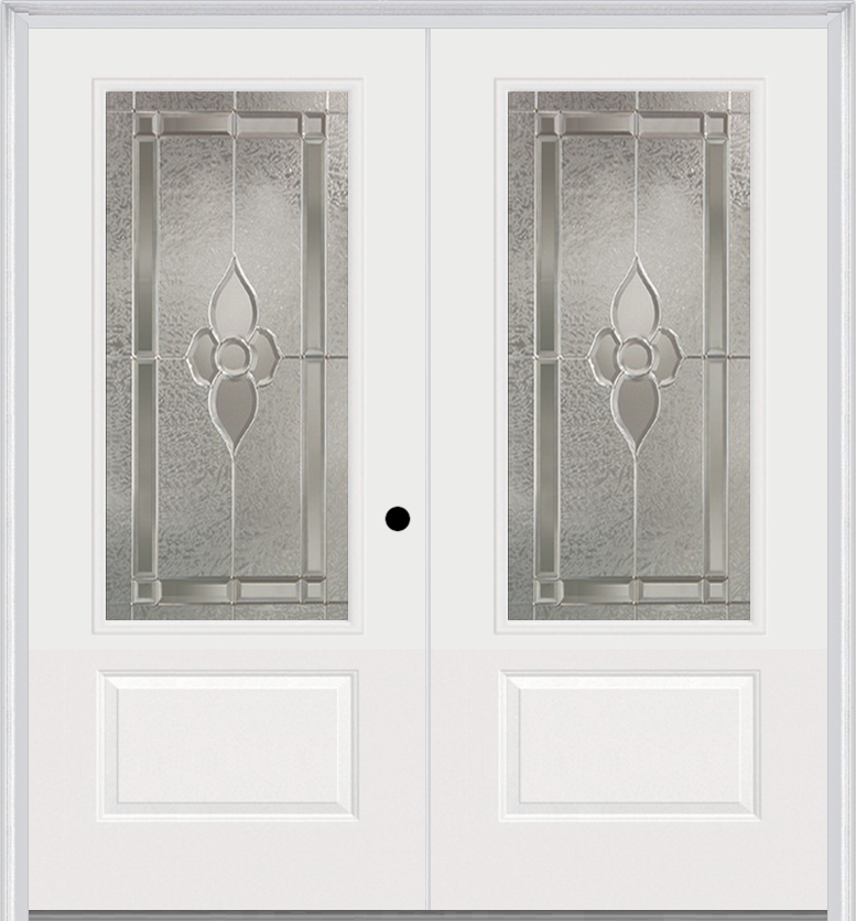 MMI TWIN/DOUBLE 3/4 LITE 1 PANEL 6'0" X 6'8" FIBERGLASS SMOOTH NOUVEAU NICKEL OR NOUVEAU PATINA DECORATIVE GLASS EXTERIOR PREHUNG DOOR 608
