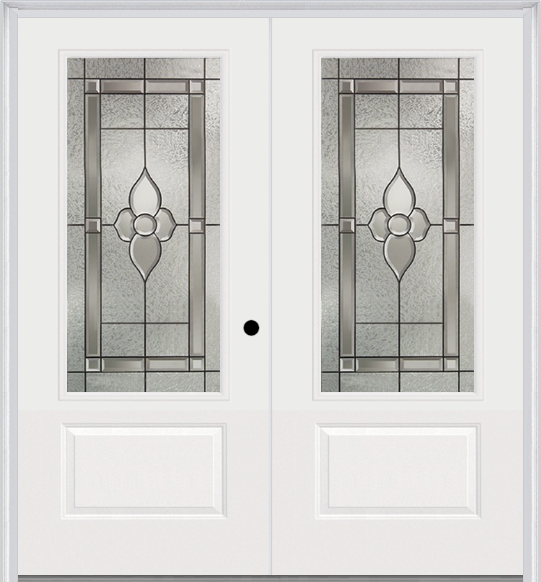 MMI TWIN/DOUBLE 3/4 LITE 1 PANEL 6'0" X 6'8" FIBERGLASS SMOOTH NOUVEAU NICKEL OR NOUVEAU PATINA DECORATIVE GLASS EXTERIOR PREHUNG DOOR 608
