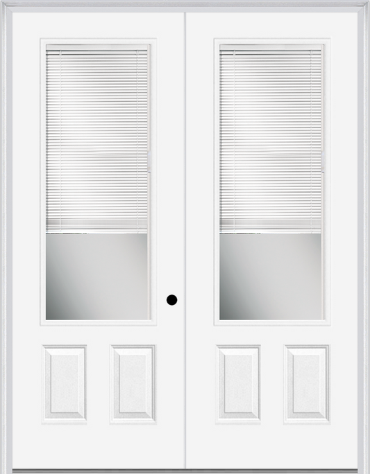 MMI TWIN/DOUBLE 3/4 LITE 2 PANEL RAISE/LOWER BLINDS 6'0" X 8'0" FIBERGLASS SMOOTH CLEAR GLASS WHITE GRILLES BETWEEN GLASS EXTERIOR PREHUNG DOOR 759 RLB GBG