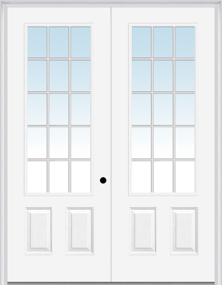 MMI TWIN/DOUBLE 3/4 LITE 2 PANEL 6'0" X 8'0" FIBERGLASS SMOOTH CLEAR GLASS WHITE 15 LITE GRILLES BETWEEN GLASS EXTERIOR PREHUNG DOOR 759 GBG LOW-E OPTION