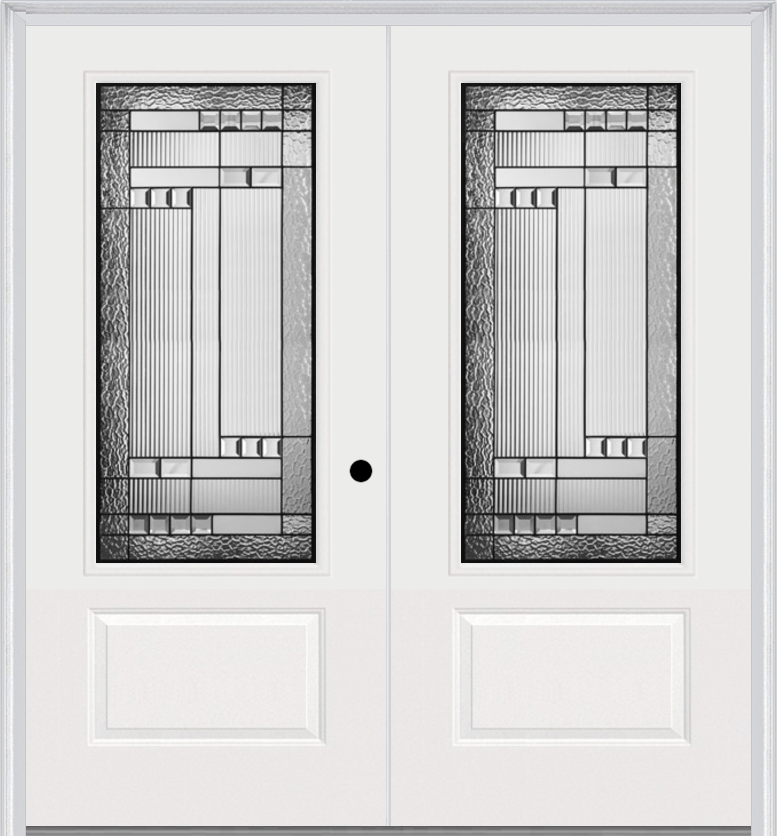 MMI TWIN/DOUBLE 3/4 LITE 1 PANEL 6'0" X 6'8" FIBERGLASS SMOOTH METRO PATINA DECORATIVE GLASS EXTERIOR PREHUNG DOOR 608
