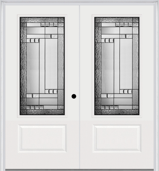 MMI TWIN/DOUBLE 3/4 LITE 1 PANEL 6'0" X 6'8" FIBERGLASS SMOOTH METRO PATINA DECORATIVE GLASS EXTERIOR PREHUNG DOOR 608