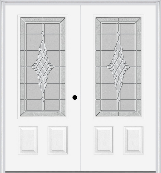 MMI TWIN/DOUBLE 3/4 LITE 2 PANEL 6'0" X 6'8" FIBERGLASS SMOOTH GRACE NICKEL OR GRACE PATINA DECORATIVE GLASS EXTERIOR PREHUNG DOOR 607