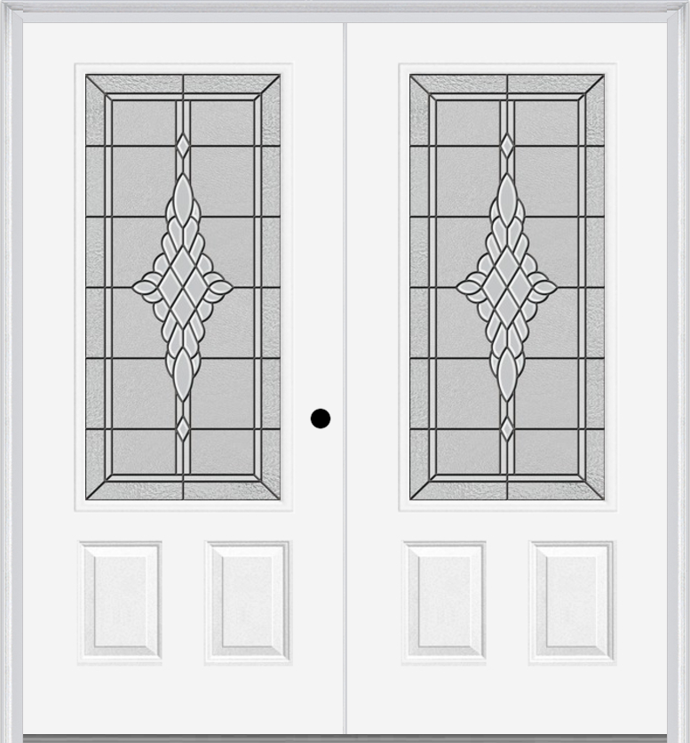 MMI TWIN/DOUBLE 3/4 LITE 2 PANEL 6'0" X 6'8" FIBERGLASS SMOOTH GRACE NICKEL OR GRACE PATINA DECORATIVE GLASS EXTERIOR PREHUNG DOOR 607