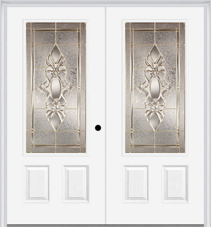 MMI TWIN/DOUBLE 3/4 LITE 2 PANEL 6'0" X 6'8" FIBERGLASS SMOOTH HEIRLOOMS BRASS OR HEIRLOOMS SATIN NICKEL DECORATIVE GLASS EXTERIOR PREHUNG DOOR 607