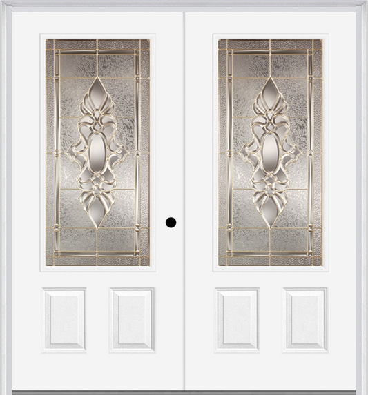 MMI TWIN/DOUBLE 3/4 LITE 2 PANEL 6'0" X 6'8" FIBERGLASS SMOOTH HEIRLOOMS BRASS OR HEIRLOOMS SATIN NICKEL DECORATIVE GLASS EXTERIOR PREHUNG DOOR 607