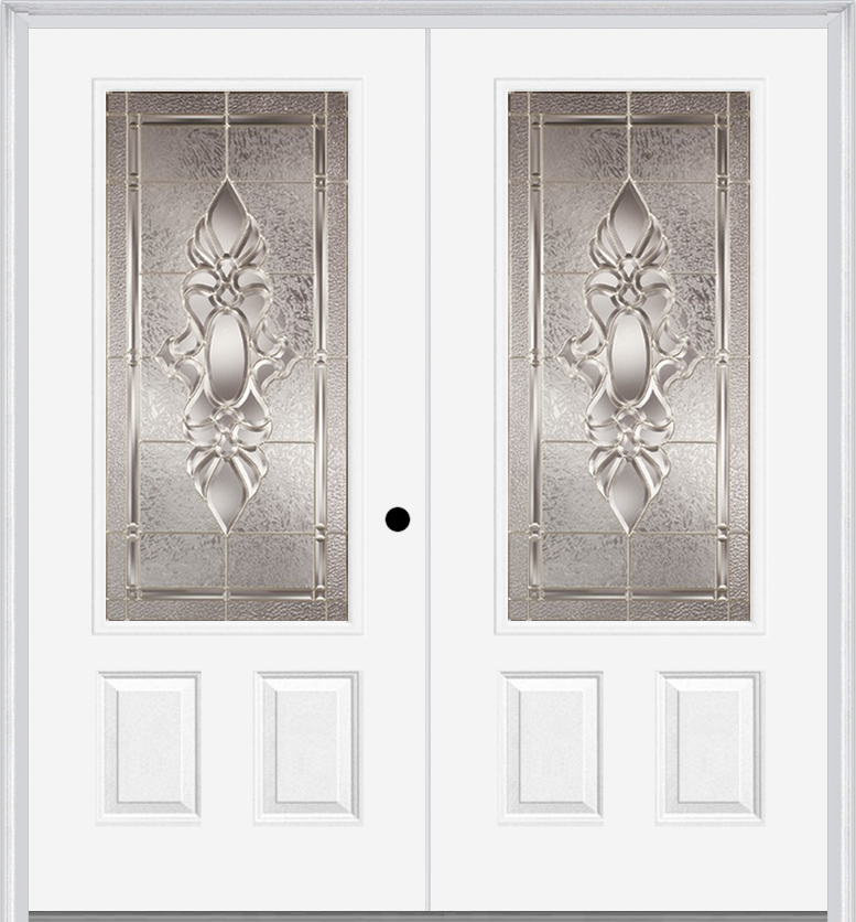 MMI TWIN/DOUBLE 3/4 LITE 2 PANEL 6'0" X 6'8" FIBERGLASS SMOOTH HEIRLOOMS BRASS OR HEIRLOOMS SATIN NICKEL DECORATIVE GLASS EXTERIOR PREHUNG DOOR 607