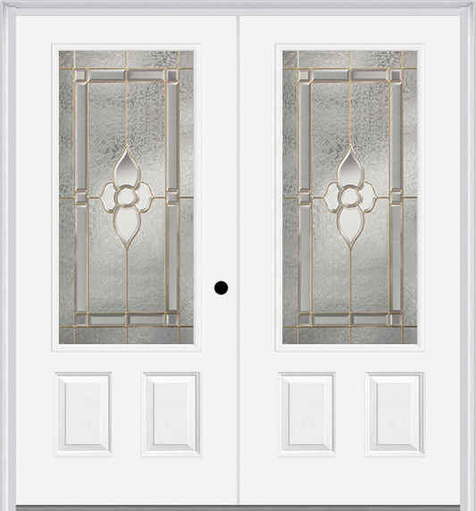 MMI TWIN/DOUBLE 3/4 LITE 2 PANEL 6'0" X 6'8" FIBERGLASS SMOOTH NOUVEAU NICKEL OR NOUVEAU PATINA DECORATIVE GLASS EXTERIOR PREHUNG DOOR 607