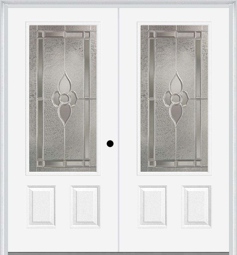MMI TWIN/DOUBLE 3/4 LITE 2 PANEL 6'0" X 6'8" FIBERGLASS SMOOTH NOUVEAU NICKEL OR NOUVEAU PATINA DECORATIVE GLASS EXTERIOR PREHUNG DOOR 607