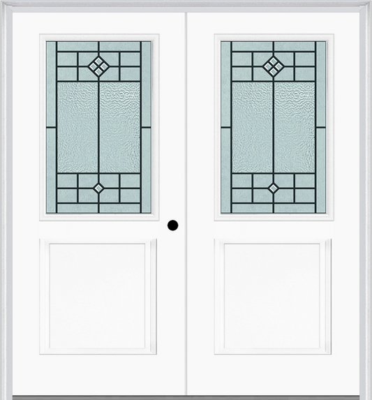 MMI TWIN/DOUBLE 1/2 LITE 1 PANEL 6'8" FIBERGLASS SMOOTH BEAUFORT PATINA DECORATIVE GLASS EXTERIOR PREHUNG DOOR 682