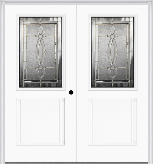 MMI TWIN/DOUBLE 1/2 LITE 1 PANEL 6'8" FIBERGLASS SMOOTH BELAIRE ZINC DECORATIVE GLASS EXTERIOR PREHUNG DOOR 682