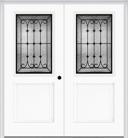 MMI TWIN/DOUBLE 1/2 LITE 1 PANEL 6'8" FIBERGLASS SMOOTH CHATEAU WROUGHT IRON DECORATIVE GLASS EXTERIOR PREHUNG DOOR 682