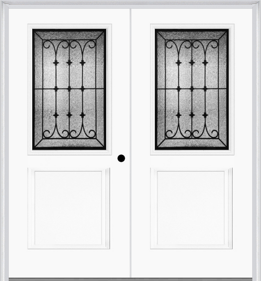 MMI TWIN/DOUBLE 1/2 LITE 1 PANEL 6'8" FIBERGLASS SMOOTH CHATEAU WROUGHT IRON DECORATIVE GLASS EXTERIOR PREHUNG DOOR 682