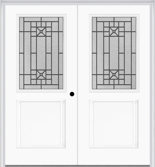 MMI TWIN/DOUBLE 1/2 LITE 1 PANEL 6'8" FIBERGLASS SMOOTH COURTYARD NICKEL VEIN WROUGHT IRON DECORATIVE GLASS EXTERIOR PREHUNG DOOR 682