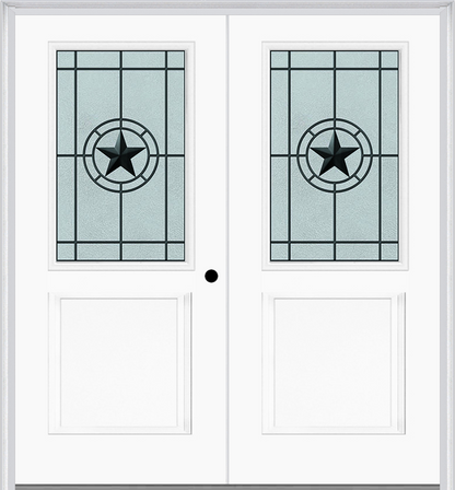 MMI TWIN/DOUBLE 1/2 LITE 1 PANEL 6'8" FIBERGLASS SMOOTH ELEGANT STAR WROUGHT IRON DECORATIVE GLASS EXTERIOR PREHUNG DOOR 682