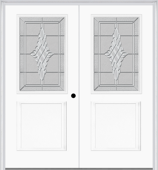 MMI TWIN/DOUBLE 1/2 LITE 1 PANEL 6'8" FIBERGLASS SMOOTH GRACE NICKEL OR GRACE PATINA DECORATIVE GLASS EXTERIOR PREHUNG DOOR 682