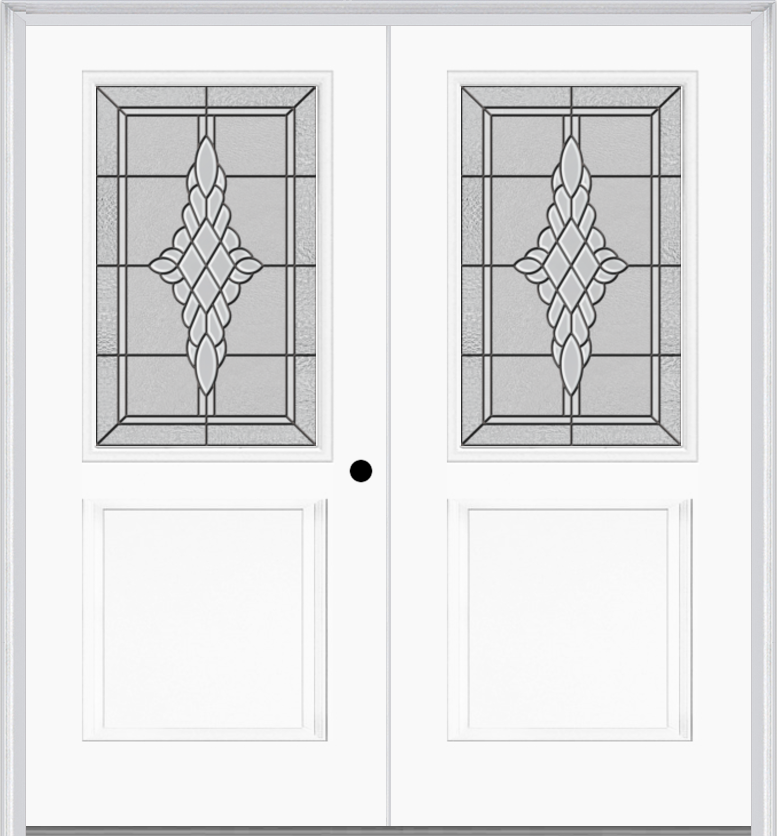 MMI TWIN/DOUBLE 1/2 LITE 1 PANEL 6'8" FIBERGLASS SMOOTH GRACE NICKEL OR GRACE PATINA DECORATIVE GLASS EXTERIOR PREHUNG DOOR 682
