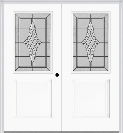 MMI TWIN/DOUBLE 1/2 LITE 1 PANEL 6'8" FIBERGLASS SMOOTH GRACE NICKEL OR GRACE PATINA DECORATIVE GLASS EXTERIOR PREHUNG DOOR 682