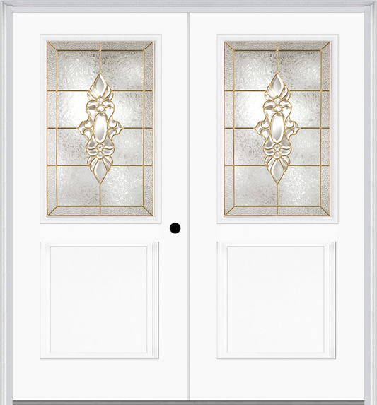 MMI TWIN/DOUBLE 1/2 LITE 1 PANEL 6'8" FIBERGLASS SMOOTH HEIRLOOMS BRASS OR HEIRLOOMS SATIN NICKEL DECORATIVE GLASS EXTERIOR PREHUNG DOOR 682